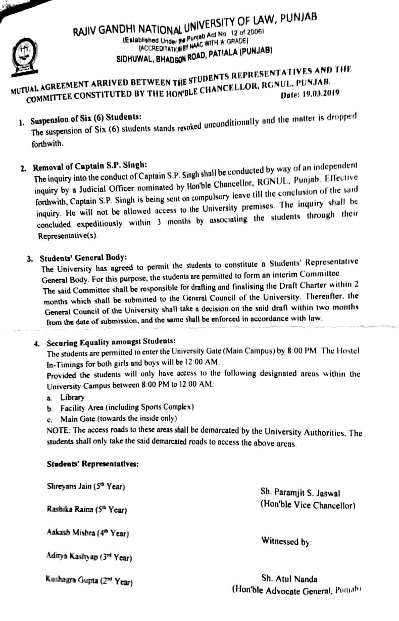 Peace agreement between RGNUL admin and students