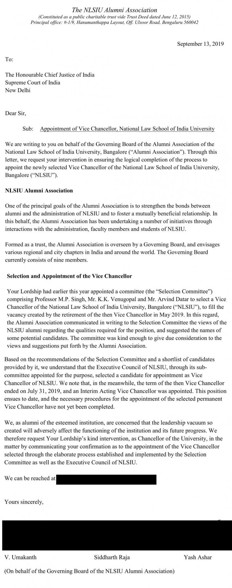 Letter by NLSIU alum association