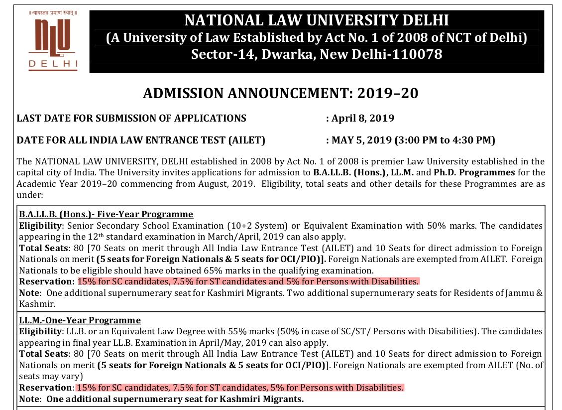 In 2019, NLU Delhi had no state reservation