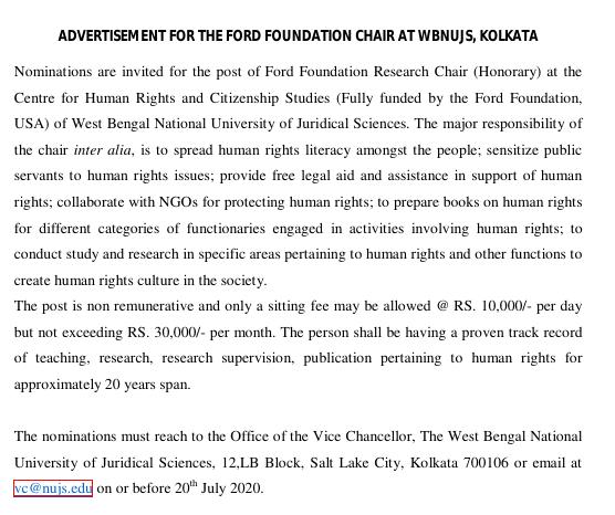 Advertisement for Ford Foundation Research Chair at NUJS