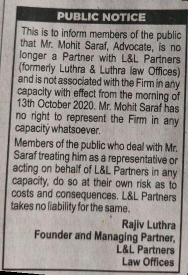 Newspaper ad published by Luthra about Saraf