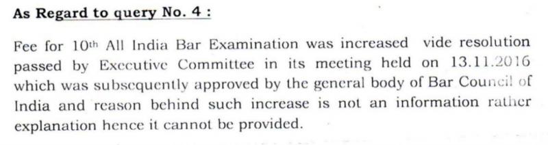 BCI reply to RTI for reasons behind 40% hike in bar exam fee