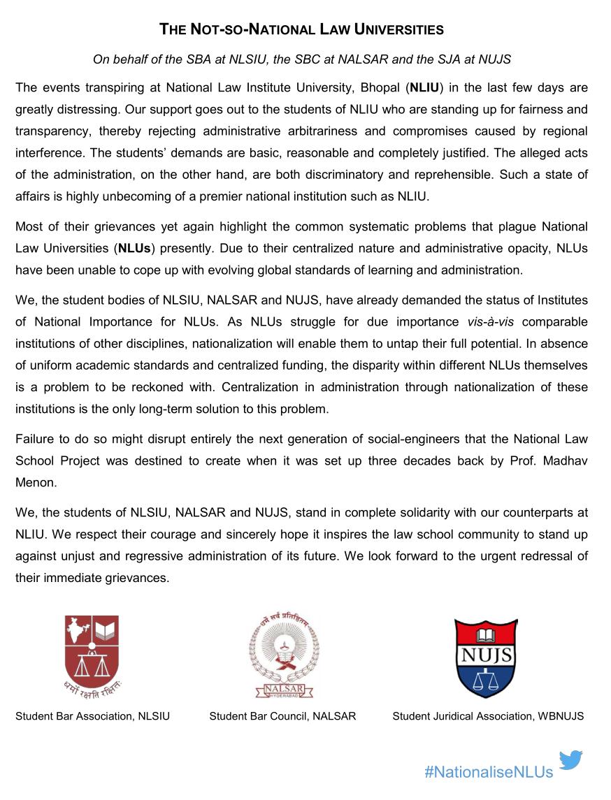 Statement by NLSIU, Nalsar, NUJS: Grievances of NLIU students highlight systemic problems at NLUs