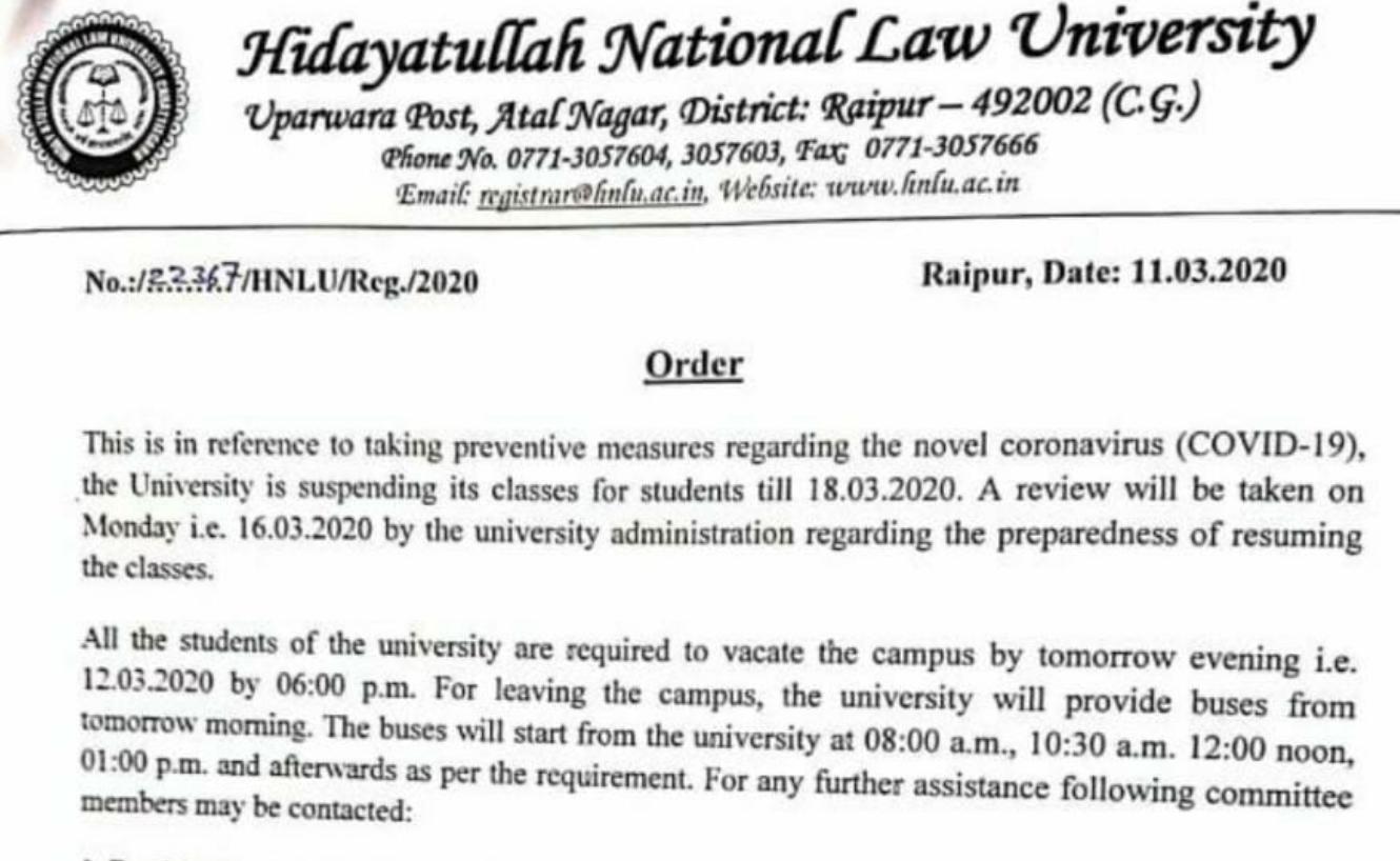 HNLU notice suspending classes till 18 March