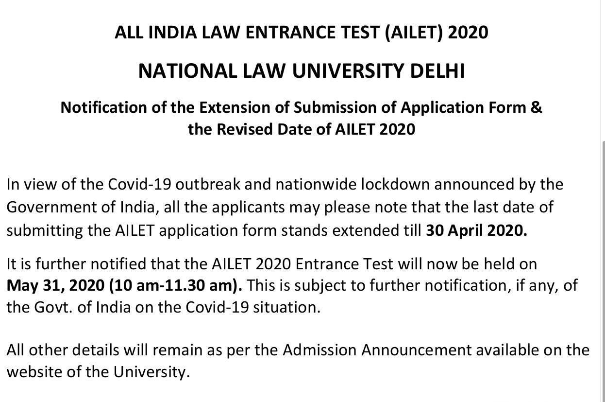 Notification from NLU Delhi re AILET