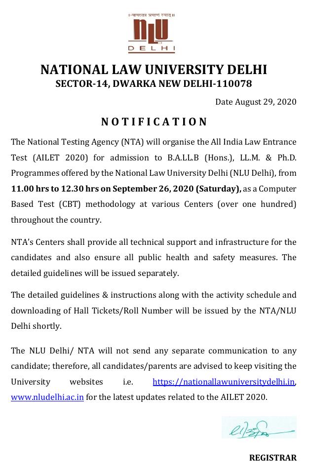 NLU Delhi AILET notification