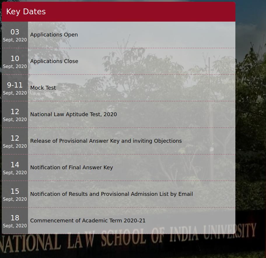 The timetable on the NLS admissions homepage does not seem to have slowed down even for the Supreme Court