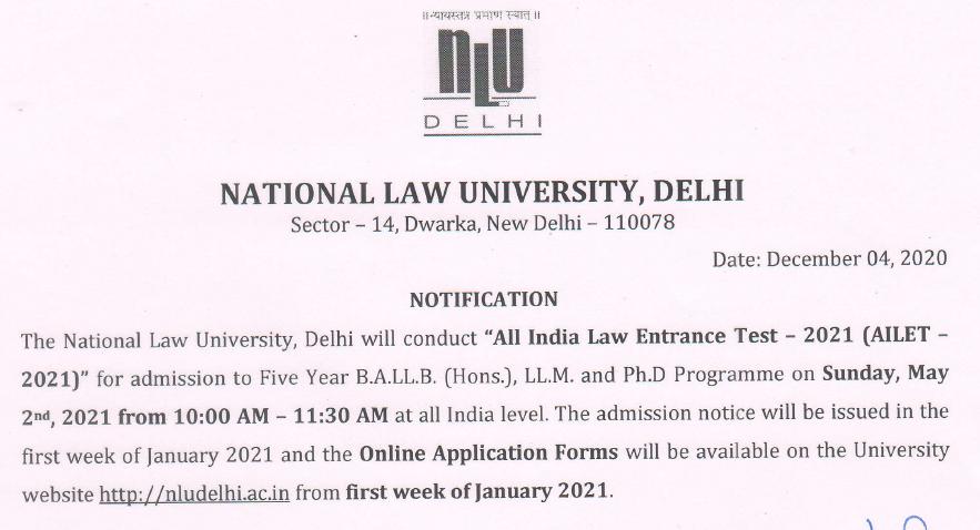 Notification from NLU Delhi about Ailet 2021
